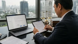 Profesional menandatangani kontrak elektronik yang memenuhi syarat sah kontrak elektronik di laptop