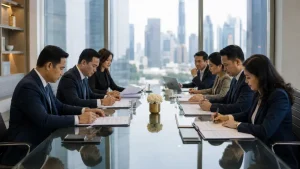 Direksi perusahaan menandatangani dokumen dalam proses merger dan akuisisi perusahaan terbuka di ruang rapat korporat Jakarta