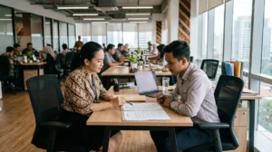 Manajer HR dan karyawan meninjau dokumen jangka waktu maksimal PKWT di kantor