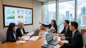Tim audit kepatuhan hukum ESG perusahaan publik meninjau laporan keberlanjutan di ruang rapat