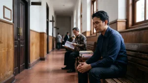 Pria duduk merenung di lorong pengadilan, menggambarkan pemulihan hak korban salah tangkap