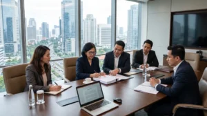 Tim hukum membahas prosedur merger akuisisi PT tertutup di ruang rapat perusahaan