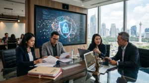 Tim hukum dan manajemen perusahaan di Indonesia membahas hukum AI generatif di ruang rapat modern
