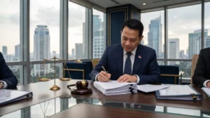 Pemilik manfaat Perseroan menandatangani dokumen korporasi di samping palu hakim dan timbangan keadilan, menggambarkan risiko pemilik manfaat dipidana