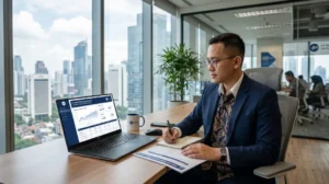 Pelaku usaha memeriksa kewajiban lapor LKPM melalui sistem digital di kantor modern