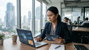 Petugas kepatuhan meninjau laporan data transaksi sesuai aturan larangan jual data pinjol