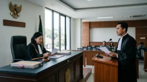 Ilustrasi sidang pengadilan yang menerapkan mekanisme plea bargain KUHAP 2025 di ruang sidang pengadilan negeri Indonesia