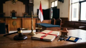 Palu hakim, berkas, dan aset sitaan melambangkan perampasan aset tindak pidana di ruang sidang