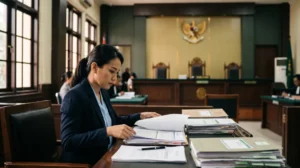 Ilustrasi ruang sidang Pengadilan Niaga yang menggambarkan perbedaan PKPU dan pailit dalam penyelesaian sengketa utang piutang di Indonesia