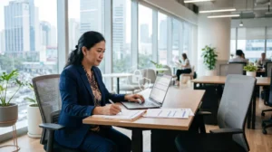 Staf HR memeriksa dokumen digital sebagai bagian dari perlindungan data pribadi karyawan di kantor modern