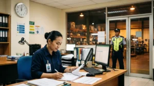 Pekerja perempuan shift malam bekerja di pabrik dengan pengawasan petugas keamanan