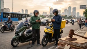Pengemudi ojek daring dan kurir di Jakarta menunggu kepastian hukum dari RUU Pekerja Platform, dengan palu hakim dan dokumen hukum di latar depan