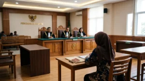 Istri menyiapkan berkas di ruang sidang Pengadilan Agama untuk prosedur gugatan cerai