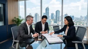 Investor asing dan konsultan hukum membahas syarat pendirian PT PMA di kantor Jakarta