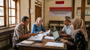 Pengurus Koperasi Desa Merah Putih membahas dokumen tanggung jawab pengurus koperasi di balai desa
