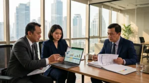 Tim pajak perusahaan meninjau dokumen untuk tindak lanjut SP2DK Wajib Pajak Badan