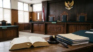 Ruang sidang pengadilan negeri dengan palu hakim dan buku hukum, ilustrasi objek praperadilan KUHAP baru