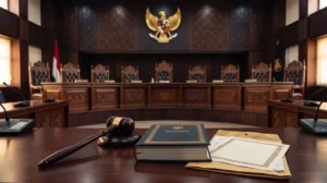 Ruang sidang Mahkamah Konstitusi dengan palu hakim dan berkas putusan MK ijazah Gibran tentang perkara PHPU Pilpres 2024