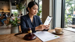 Konsumen memeriksa sisa kuota internet tidak hangus di smartphone dengan palu hakim dan dokumen putusan MK