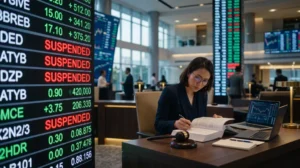 Papan perdagangan menampilkan status suspensi saham emiten di bursa, dengan praktisi hukum menelaah dokumen peraturan pasar modal