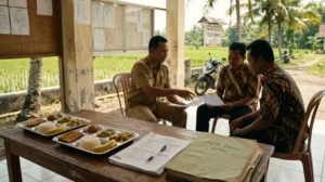 Kepala desa dan anggota BPD membahas penggunaan dana desa untuk MBG di balai desa dengan dokumen APB Desa dan nampan makan bergizi