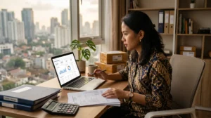 Pedagang online memeriksa bukti potong unifikasi marketplace di laptop di samping paket pesanan