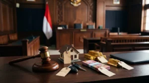 Palu hakim dan barang bukti seperti rumah, kendaraan, uang, dan emas sebagai ilustrasi harta yang dirampas negara