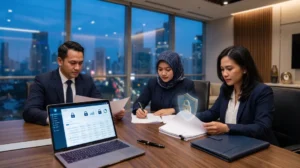 Tim hukum melakukan due diligence data pribadi atas dokumen merger dan akuisisi di ruang rapat perusahaan di Jakarta