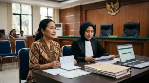 Nasabah dan advokat menyiapkan berkas gugatan simpanan bank likuidasi di ruang sidang Pengadilan Niaga