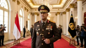 Ilustrasi pelantikan Kapolri Suyudi Ario Seto, jenderal polisi berseragam dinas upacara memegang tongkat komando di aula istana