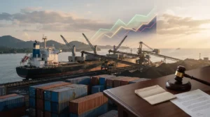 Pelabuhan ekspor batu bara Indonesia dengan dokumen hukum dan palu hakim, ilustrasi kewajiban devisa hasil ekspor SDA