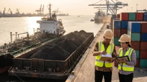 Pelabuhan Indonesia dengan tongkang batubara dan kapal tanker sawit, ilustrasi kewajiban ekspor SDA melalui BUMN