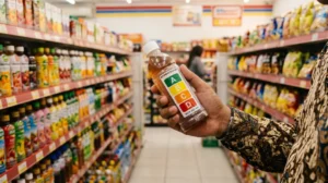Konsumen membaca label gula garam lemak berwarna pada kemasan minuman di rak minimarket