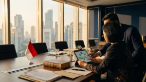 Ruang rapat pemerintahan dengan dokumen hukum yang menggambarkan kewenangan BP BUMN Danantara dalam pengelolaan BUMN