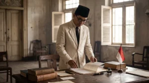 Ilustrasi Teuku Mohammad Hasan, ahli hukum lulusan Leiden, meninjau naskah rancangan UUD 1945 di ruang sidang PPKI