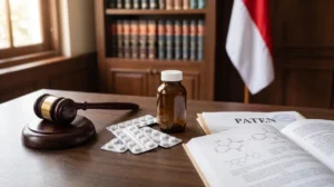 Palu hakim di samping obat dan dokumen paten, ilustrasi anti evergreening paten obat pasca Putusan MK 255/PUU-XXIII/2025