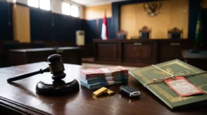 Ilustrasi perampasan aset tindak pidana berupa palu hakim, uang rupiah, emas, dan sertifikat tanah bersegel barang bukti