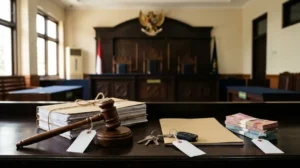 Palu hakim, berkas perkara, dan aset sitaan di ruang sidang sebagai ilustrasi perampasan aset tanpa pemidanaan