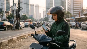 Pengemudi ojek online di Jakarta memeriksa rincian tarif di ponsel, ilustrasi pelindungan pengemudi ojol menurut Perpres 27/2026