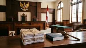 Berkas perkara pidana dan palu hakim di ruang sidang pengadilan negeri, ilustrasi praperadilan pasca pelimpahan perkara