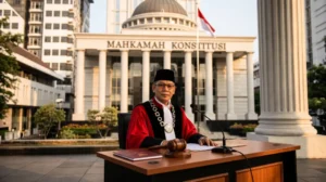 Toga merah dan palu sidang di depan Gedung Mahkamah Konstitusi, ilustrasi profil Adies Kadir Hakim MK