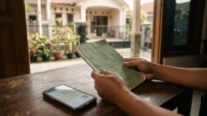 Sertipikat tanah lama berbahan kertas di samping ponsel yang menampilkan peta bidang tanah digital