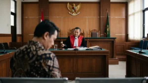 Hakim di ruang sidang pengadilan negeri mempertimbangkan syarat putusan pemaafan hakim bagi terdakwa