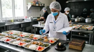 Petugas keamanan pangan memeriksa ompreng makanan di dapur SPPG untuk menelusuri tanggung jawab keracunan MBG