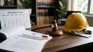 Naskah UU Pelindungan Ketenagakerjaan di meja kantor hukum dengan kalender Oktober 2026 dan palu hakim